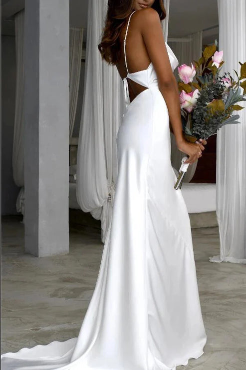 Luolandi Mermaid Satin Sweep Train Spaghetti Straps Wedding Dress Sexy