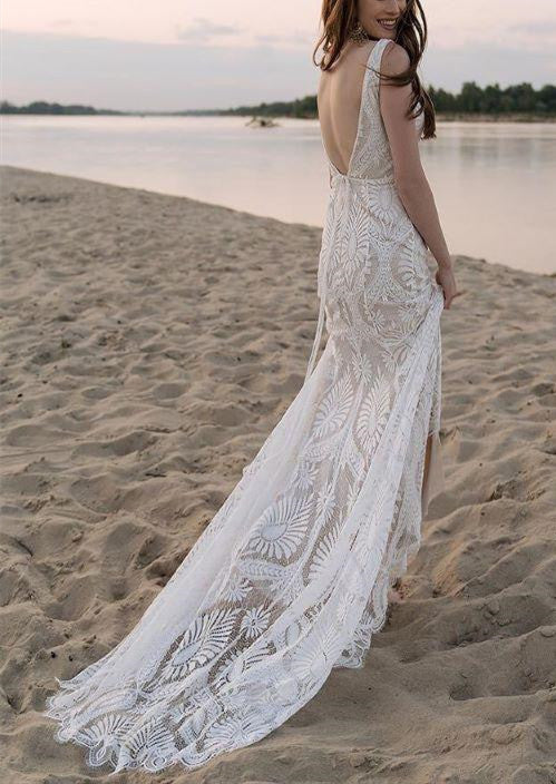Luolandi Mermaid Beach Bride Dresses Lace Straps Backless Wedding Dresses Sweep Train Beautiful