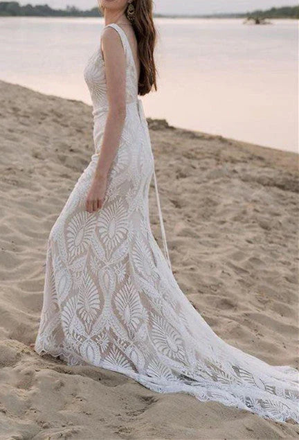 Luolandi Mermaid Beach Bride Dresses Lace Straps Backless Wedding Dresses Sweep Train Beautiful