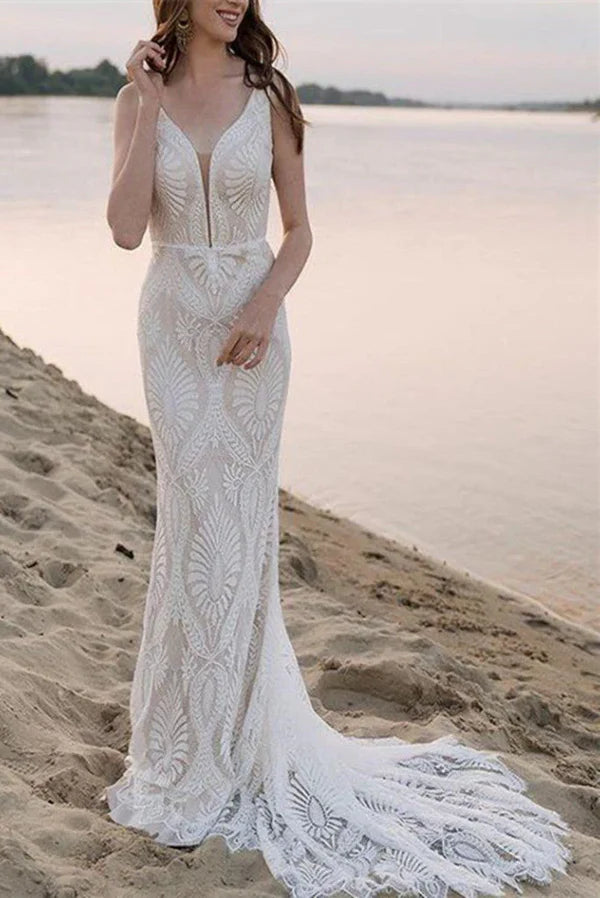Luolandi Mermaid Beach Bride Dresses Lace Straps Backless Wedding Dresses Sweep Train Beautiful