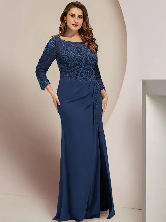 Elegant plus size Mother of the Bride dress with scoop neck and long sleeves.