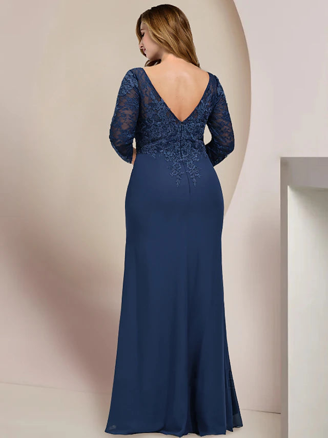 Back view of a floor-length chiffon lace gown for wedding guests.