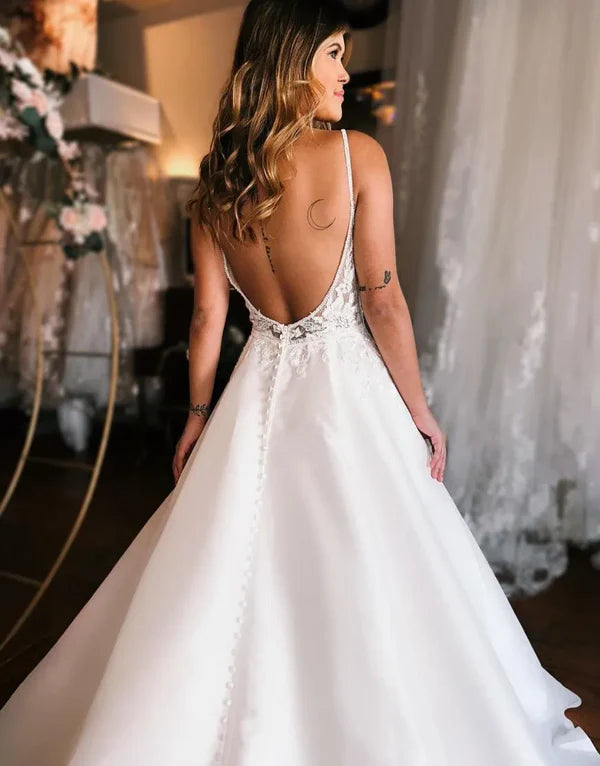 Luolandi Elegant A-Line Spaghetti Straps Open Back Wedding Dress Beautiful