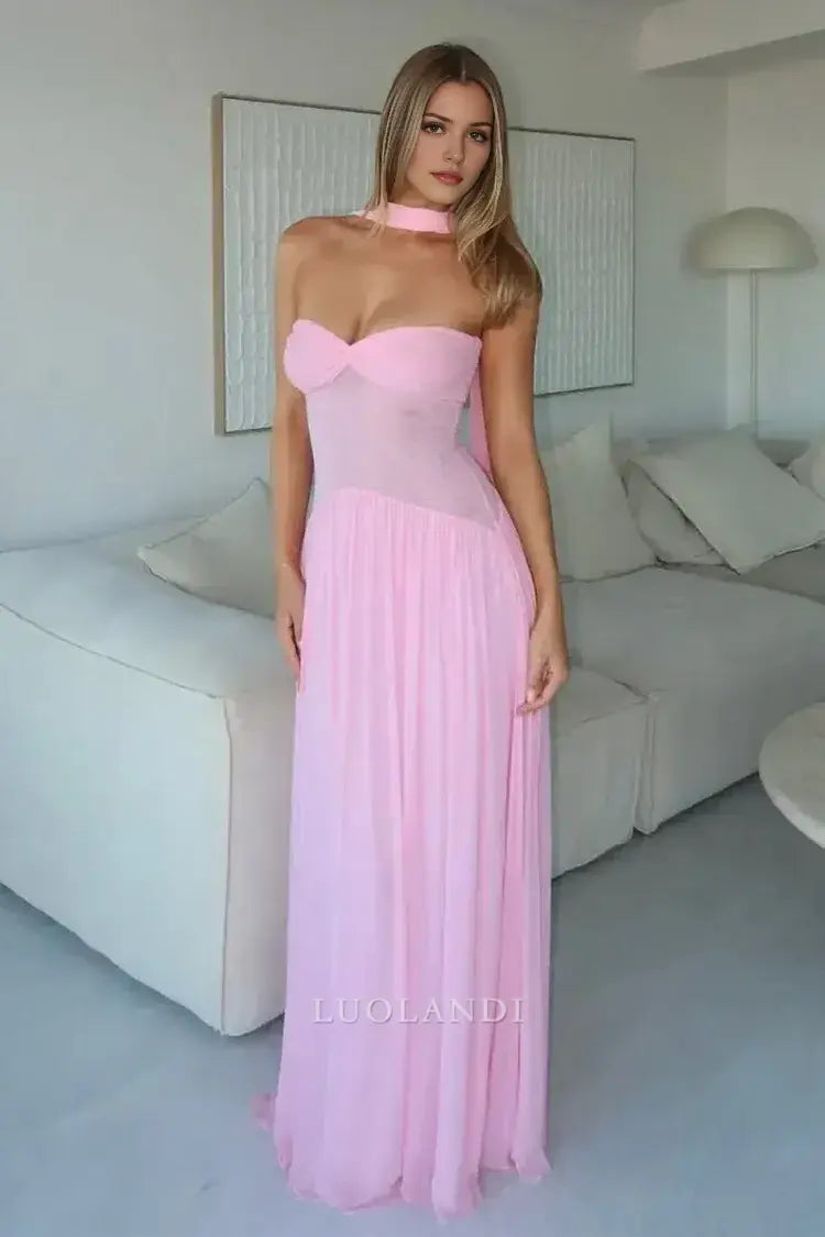 Luolandi Elegant A-Line Strapless Sleeveless Pleated Chiffon Long Formal Prom Dress Sweet Wedding Guest Dress Charming Party Evening Gowns