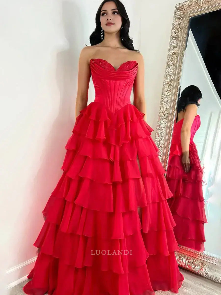 Luolandi Elegant A-Line Sweetheart Strapless Ruffle Layered Long Formal Prom Dress With Slit Elegant Birthday Party Dress Charming Evening Gowns
