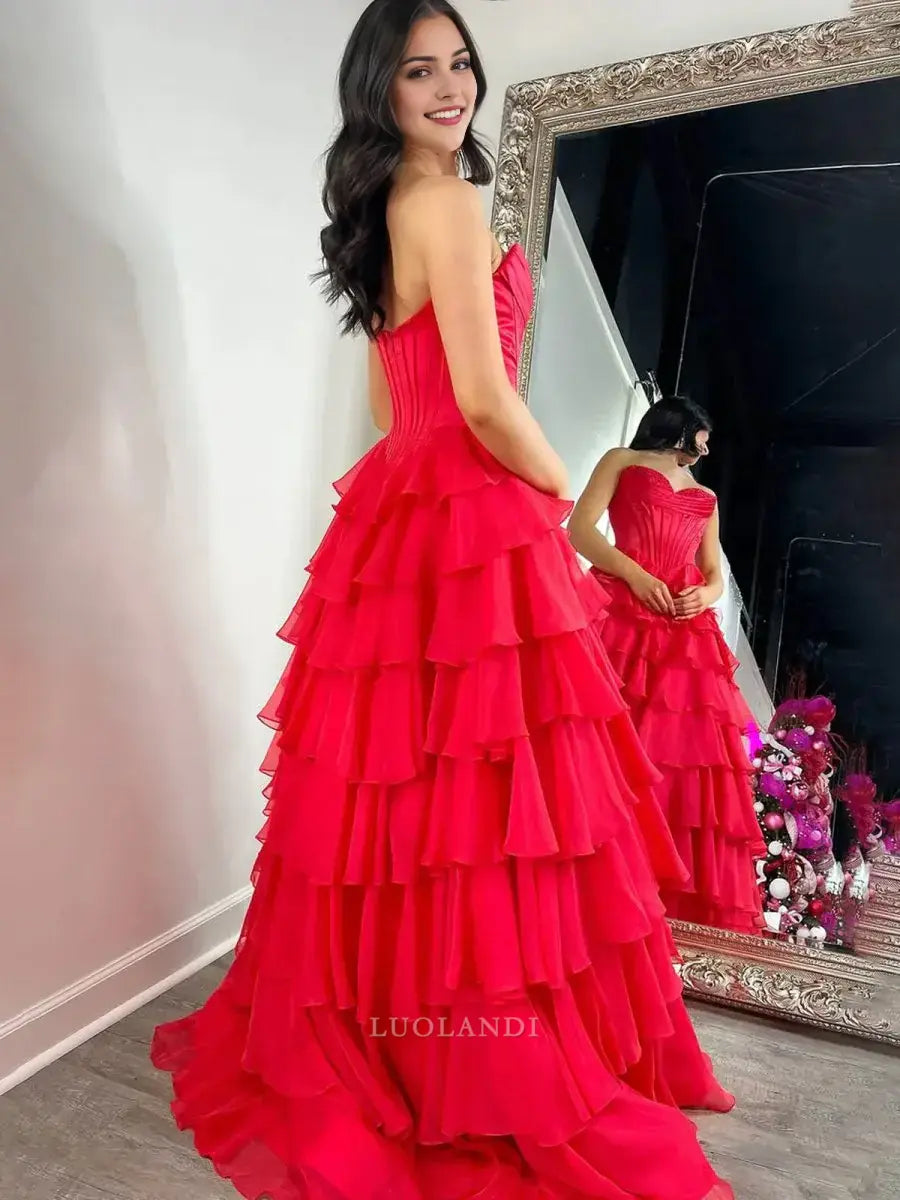 Luolandi Elegant A-Line Sweetheart Strapless Ruffle Layered Long Formal Prom Dress With Slit Elegant Birthday Party Dress Charming Evening Gowns