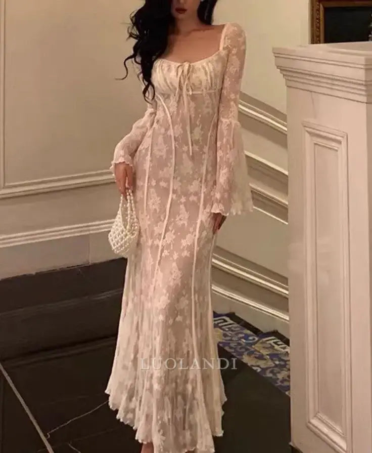 Luolandi Elegant Long Sleeves Lace Formal Prom Dress Charming Evening Party Gowns Romantic Wedding Dress