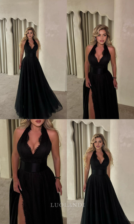 Luolandi Elegant A Line Sleeveless Long Formal Prom Dress Black Evening Party Gown Charming Wedding Guest Dress