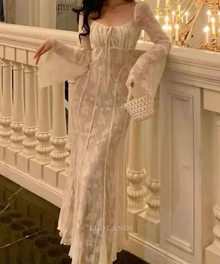 Luolandi Elegant Long Sleeves Lace Formal Prom Dress Charming Evening Party Gowns Romantic Wedding Dress