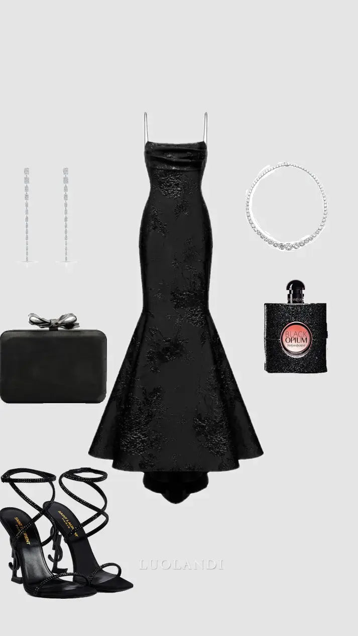 Luolandi Elegant Mermaid Spaghetti Straps Sleeveless Black Party Evening Gown Chic Long Prom Dress Charming Formal Dress