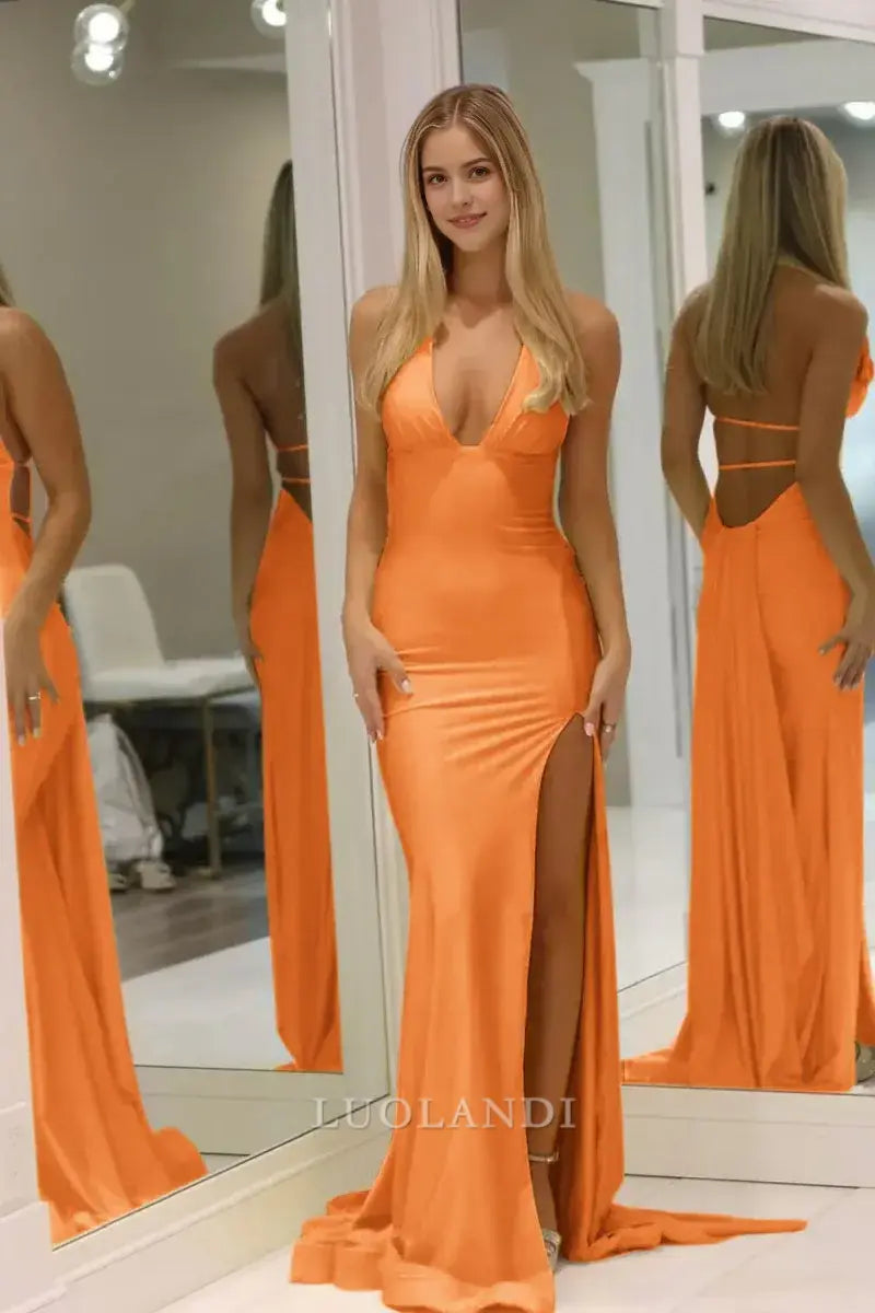 Luolandi Elegant Mermaid V Neck Long Formal Prom Dress with Slit Charming Party Evening Gown Sexy Graduation Dress