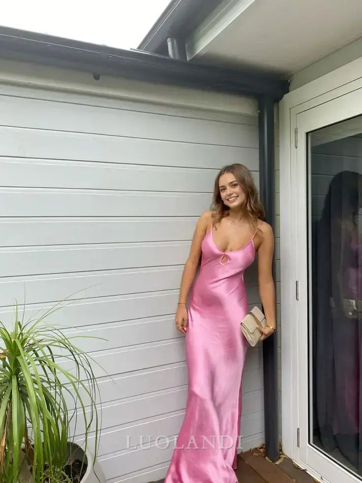 Luolandi Elegant Spaghetti Strap Sleeveless Satin Long Prom Dress Simple Evening Party Dress