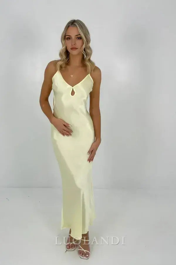 Luolandi Elegant Spaghetti Strap Sleeveless Yellow Satin Long Prom Dress Simple Evening Party Dress