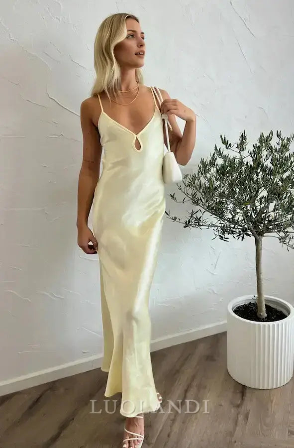 Luolandi Elegant Spaghetti Strap Sleeveless Yellow Satin Long Prom Dress Simple Evening Party Dress