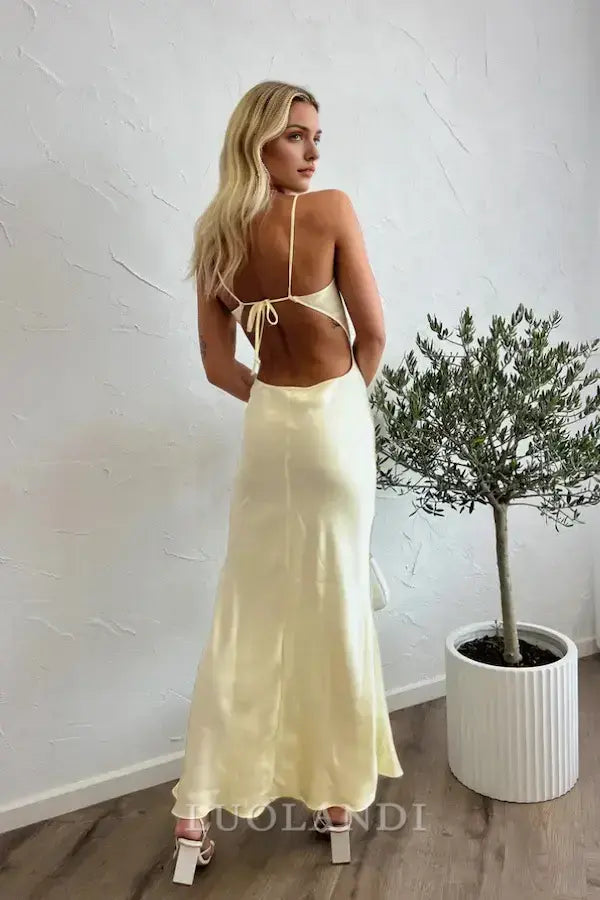 Luolandi Elegant Spaghetti Strap Sleeveless Yellow Satin Long Prom Dress Simple Evening Party Dress