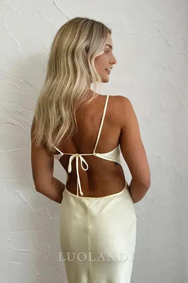 Luolandi Elegant Spaghetti Strap Sleeveless Yellow Satin Long Prom Dress Simple Evening Party Dress