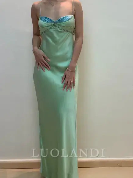 Luolandi Elegant Spaghetti Straps Sleeveless Beaded Evening Dress Long Formal Prom Dress Chic Party Dress