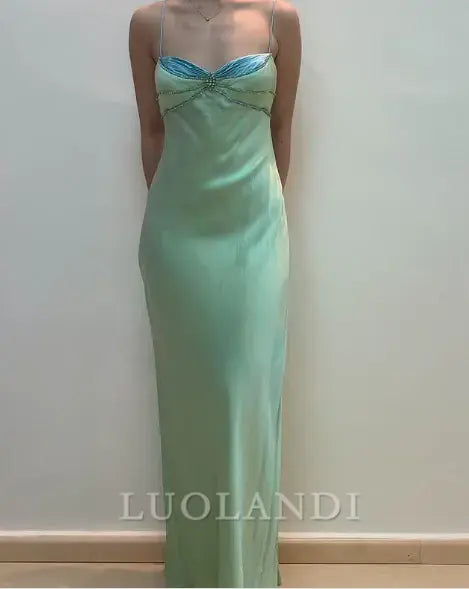 Luolandi Elegant Spaghetti Straps Sleeveless Beaded Evening Dress Long Formal Prom Dress Chic Party Dress