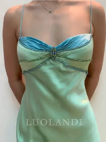 Luolandi Elegant Spaghetti Straps Sleeveless Beaded Evening Dress Long Formal Prom Dress Chic Party Dress