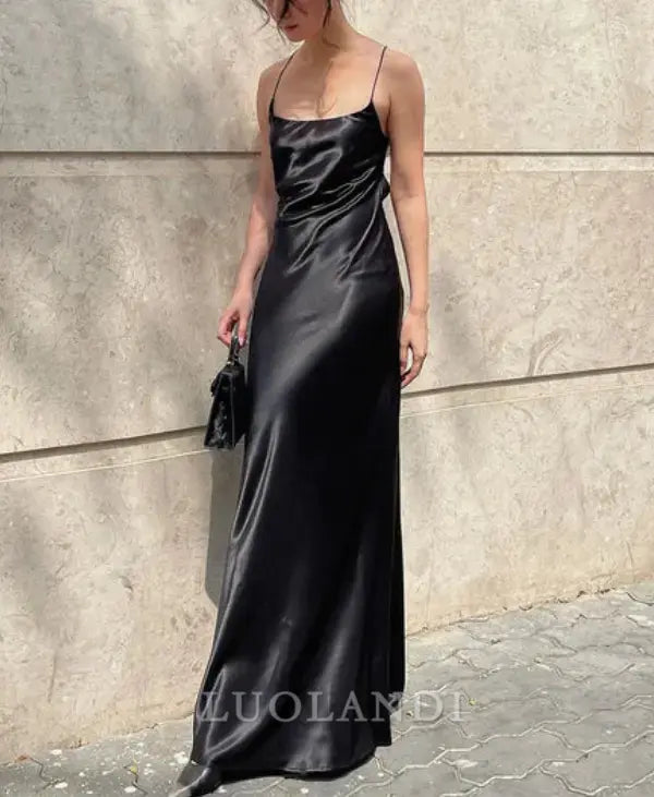 Luolandi Elegant Spaghetti Straps Sleeveless Evening Dress Long Formal Prom Dress Simple Party Dress No With Neck Accessories
