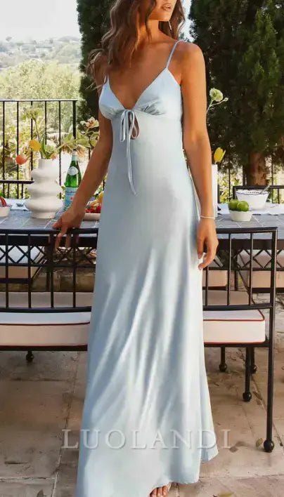 Luolandi Elegant V-neck Spaghetti Straps Sleeveless Long Prom Dress Simple Evening Party Dress Formal Wear