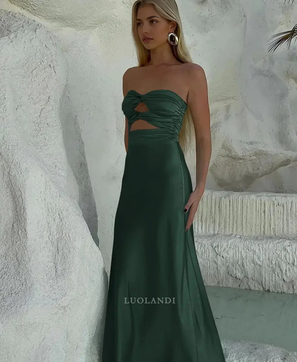Luolandi Elegant Strapless Sleeveless Satin Long Formal Prom Dress Charming Party Evening Gowns Sexy Graduation Dress Maxi Dress For Girls