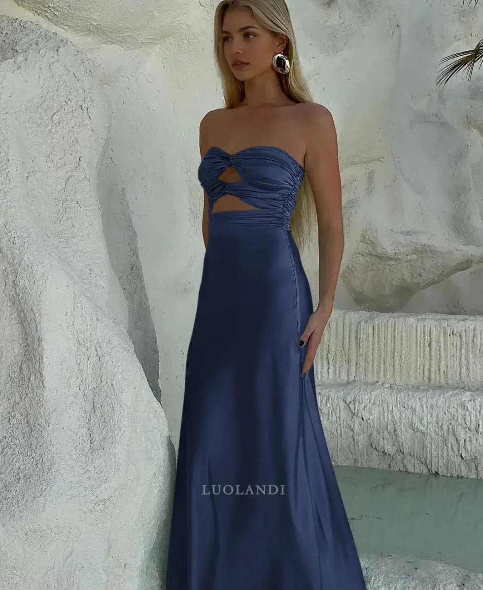 Luolandi Elegant Strapless Sleeveless Satin Long Formal Prom Dress Charming Party Evening Gowns Sexy Graduation Dress Maxi Dress For Girls