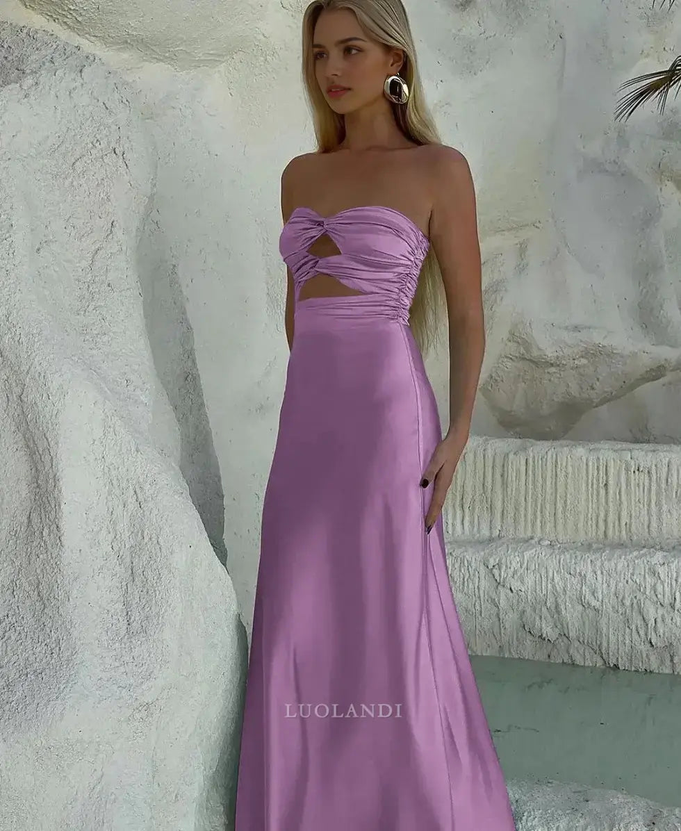 Luolandi Elegant Strapless Sleeveless Satin Long Formal Prom Dress Charming Party Evening Gowns Sexy Graduation Dress Maxi Dress For Girls