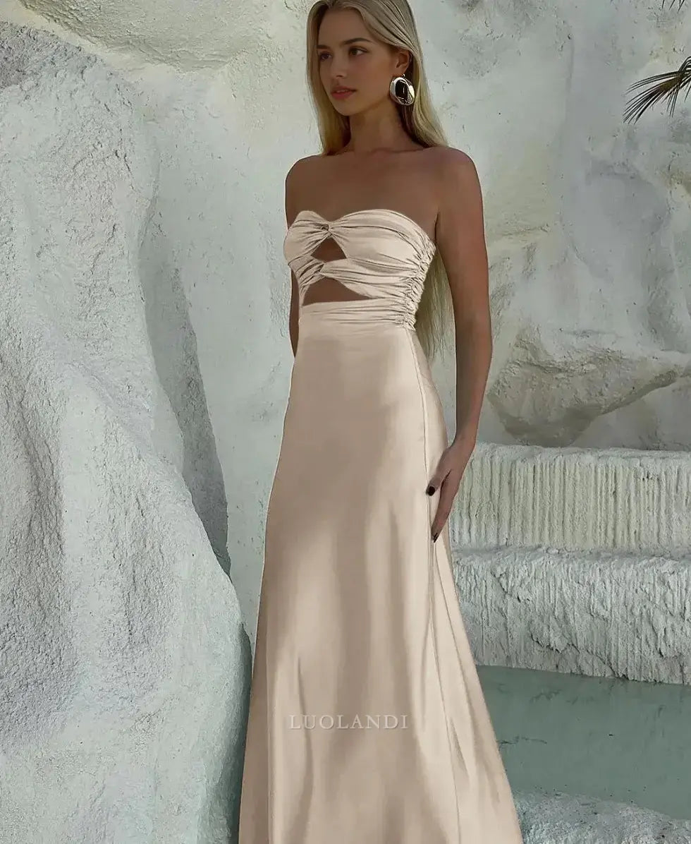 Luolandi Elegant Strapless Sleeveless Satin Long Formal Prom Dress Charming Party Evening Gowns Sexy Graduation Dress Maxi Dress For Girls