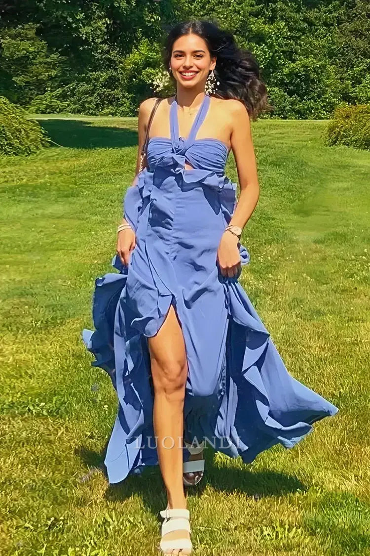 Luolandi Elegant A-Line Halter Chiffon Ruffled Long Formal Prom Dresses With Cut Out Sweet Wedding Guest Dress Charming Party Evening Gowns