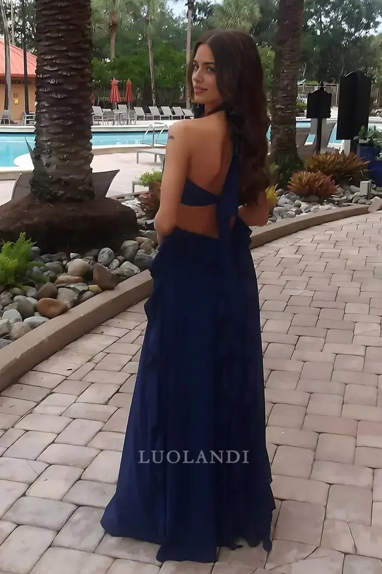 Luolandi Elegant A-Line Halter Chiffon Ruffled Long Formal Prom Dresses With Cut Out Sweet Wedding Guest Dress Charming Party Evening Gowns