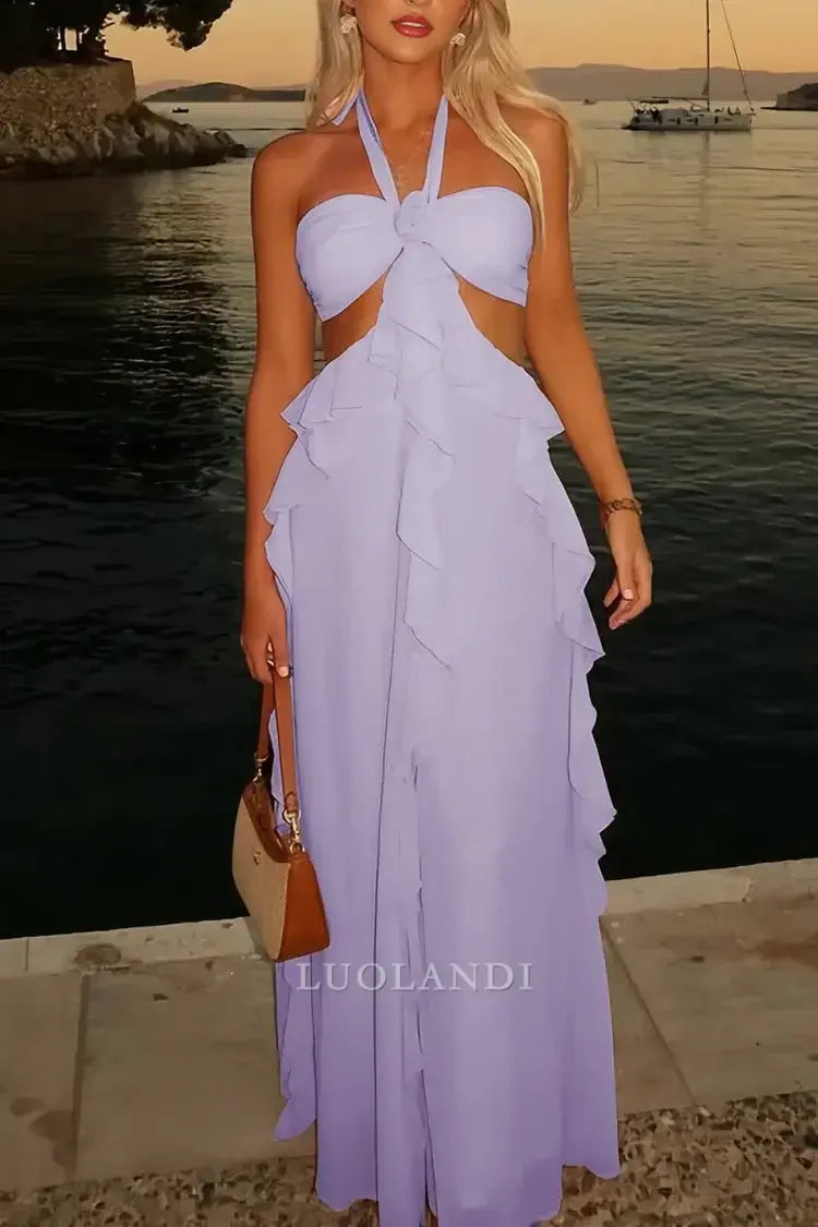 Luolandi Elegant A-Line Halter Chiffon Ruffled Long Formal Prom Dresses With Cut Out Sweet Wedding Guest Dress Charming Party Evening Gowns