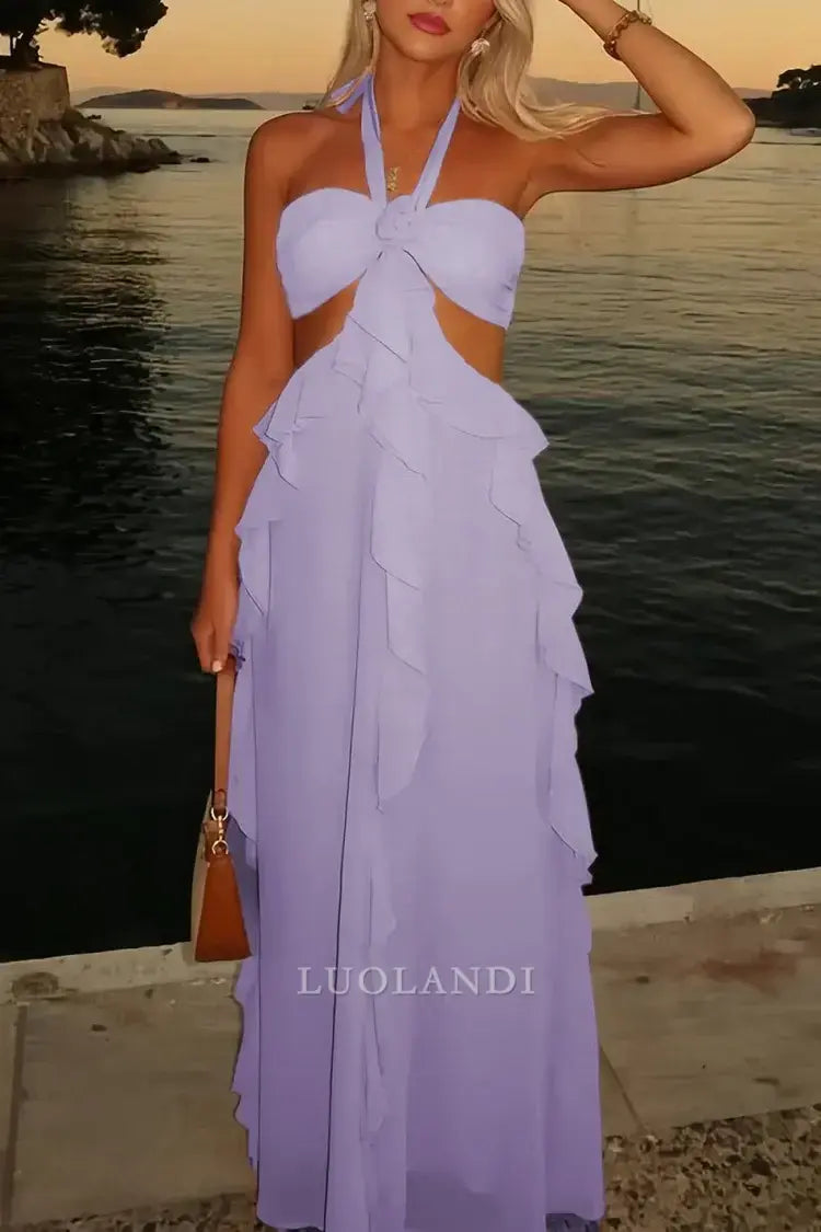 Luolandi Elegant A-Line Halter Chiffon Ruffled Long Formal Prom Dresses With Cut Out Sweet Wedding Guest Dress Charming Party Evening Gowns