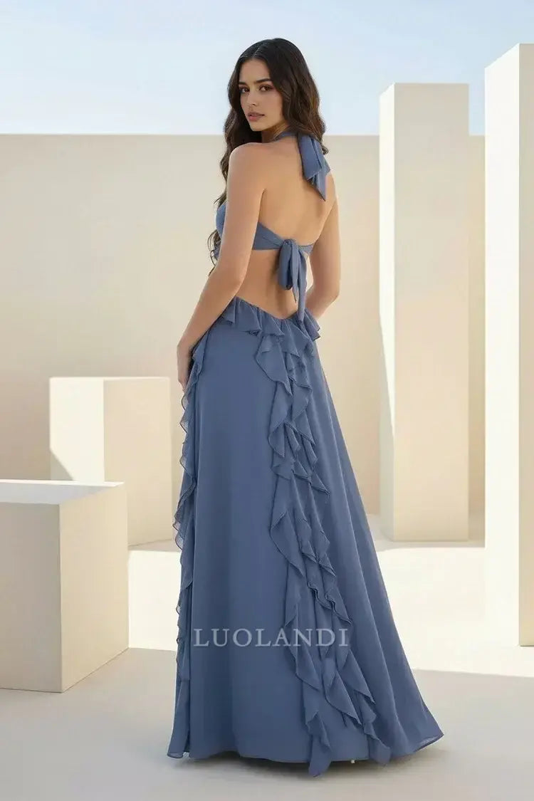 Luolandi Elegant A-Line Halter Chiffon Ruffled Long Prom Dresses With Cut Out Chic Wedding Guest Dress Charming Party Evening Gowns