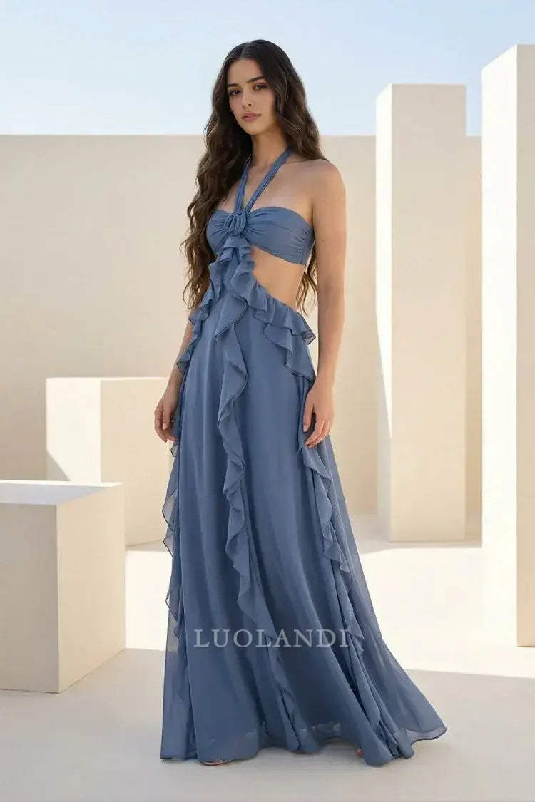 Luolandi Elegant A-Line Halter Chiffon Ruffled Long Prom Dresses With Cut Out Chic Wedding Guest Dress Charming Party Evening Gowns