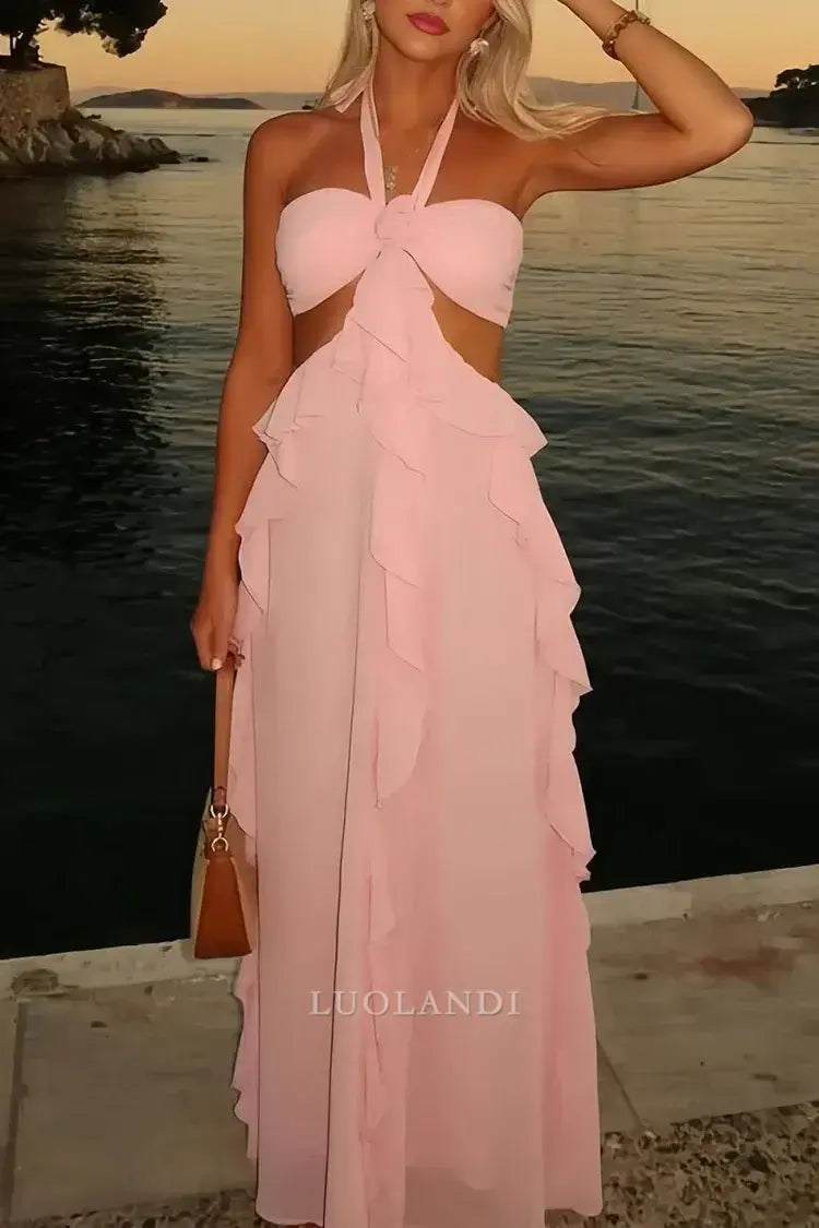 Luolandi Elegant A-Line Halter Chiffon Ruffled Long Prom Dresses With Cut Out Sweet Wedding Guest Dress Charming Party Evening Gowns