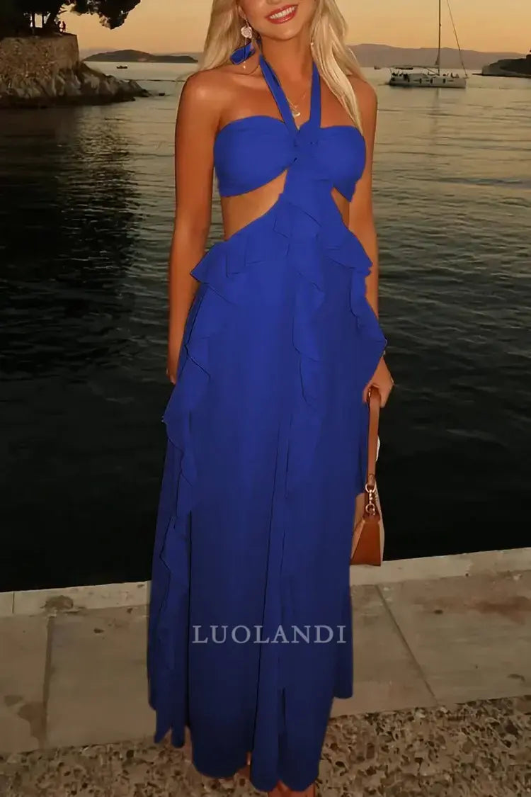 Luolandi Elegant A-Line Halter Chiffon Ruffled Long Prom Dresses With Cut Out Sweet Wedding Guest Dress Charming Party Evening Gowns