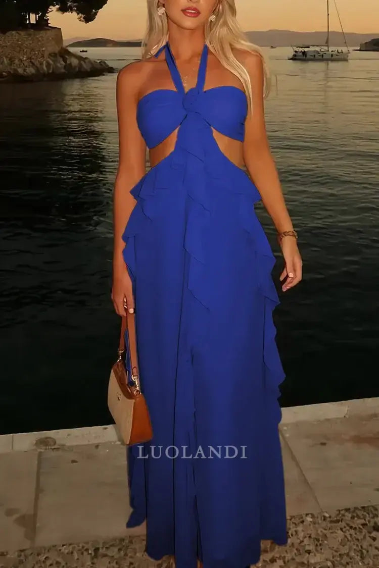 Luolandi Elegant A-Line Halter Chiffon Ruffled Long Prom Dresses With Cut Out Sweet Wedding Guest Dress Charming Party Evening Gowns