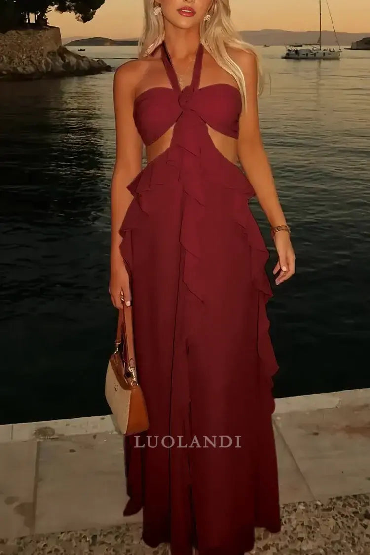 Luolandi Elegant A-Line Halter Chiffon Ruffled Long Prom Dresses With Cut Out Sweet Wedding Guest Dress Charming Party Evening Gowns