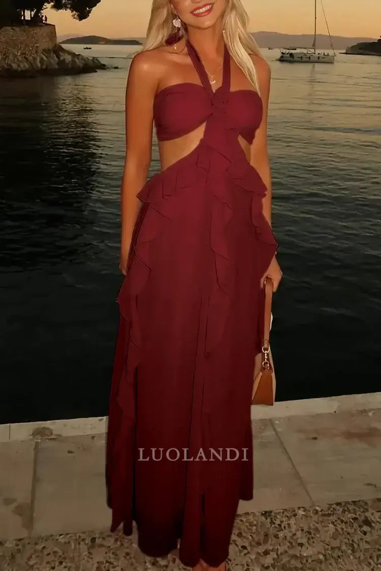 Luolandi Elegant A-Line Halter Chiffon Ruffled Long Prom Dresses With Cut Out Sweet Wedding Guest Dress Charming Party Evening Gowns