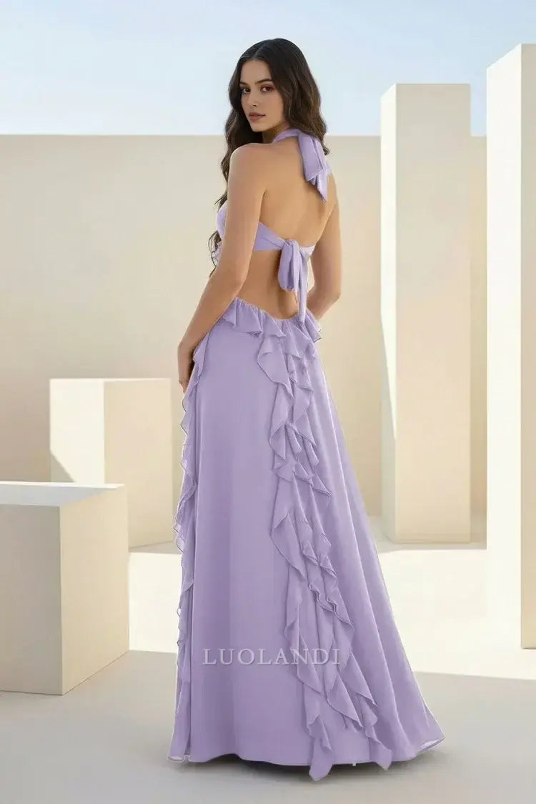 Luolandi Elegant A-Line Halter Chiffon Ruffled Long Prom Dresses With Cut Out Sweet Wedding Guest Dress Charming Party Evening Gowns