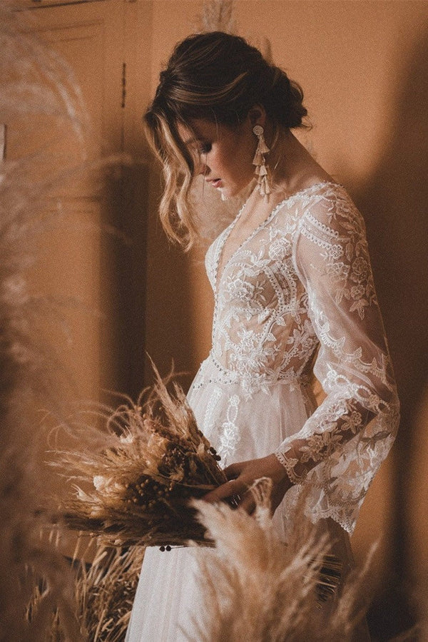 Luolandi Elegant A-Line Lace Top Long Sleeves Open Back Wedding Dress Beautiful Bridal Gowns
