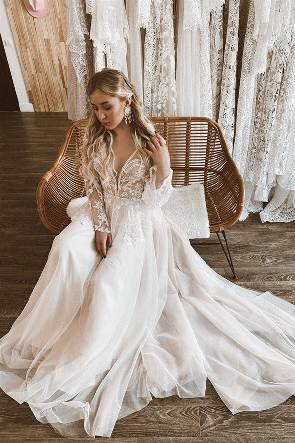Luolandi Elegant A-Line Lace Top Long Sleeves Open Back Wedding Dress Beautiful Bridal Gowns