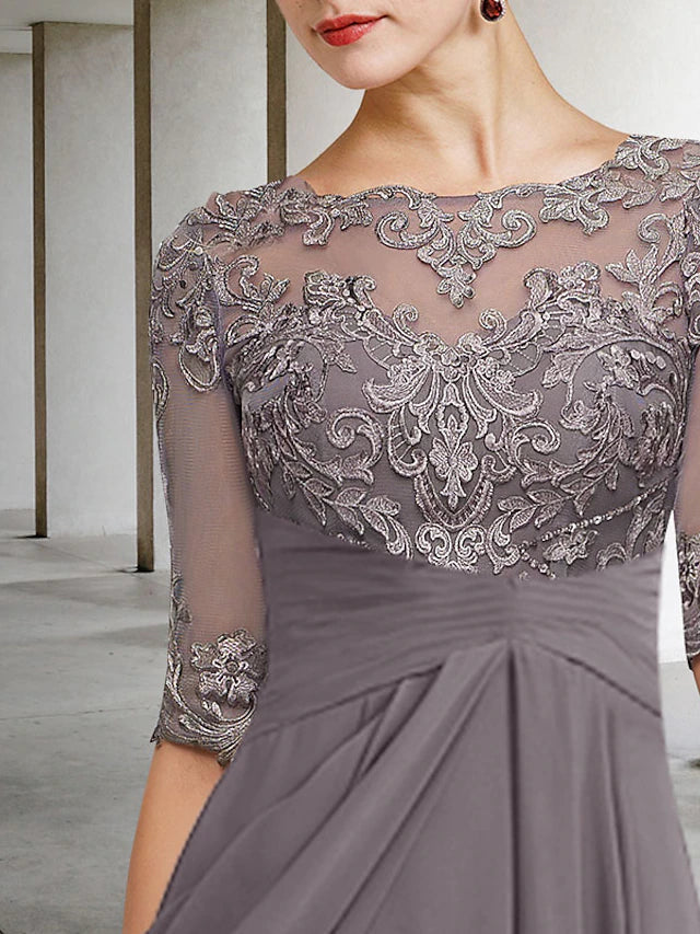 Luolandi Elegant A-Line Mother of the Bride Dress Plus Size Asymmetrical Ankle Length Chiffon Lace Half Sleeve with Appliques
