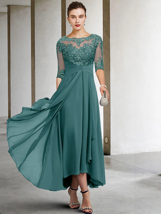 Luolandi Elegant A-Line Mother of the Bride Dress Plus Size Asymmetrical Ankle Length Chiffon Lace Half Sleeve with Appliques