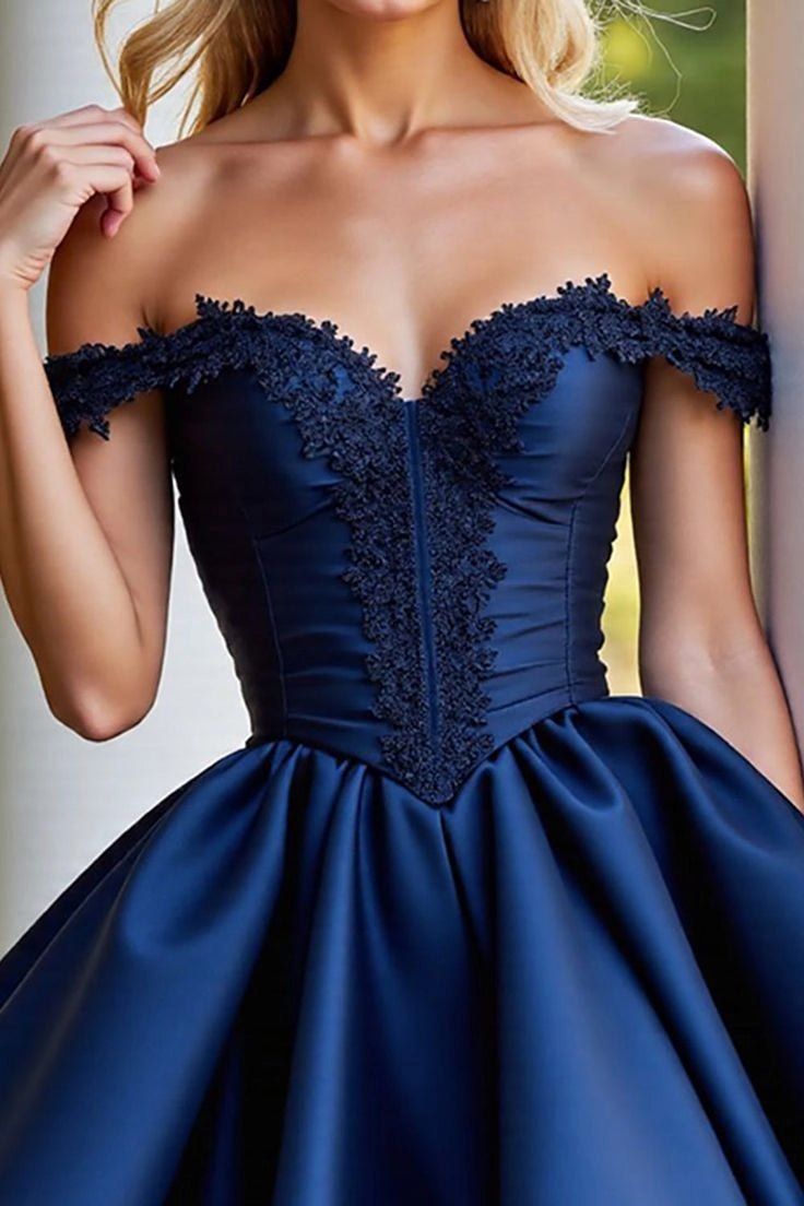 Luolandi Elegant A-Line Off-the-Shoulder Blue Satin Short Homecoming Dress Classy Party Prom Dress with Appliques