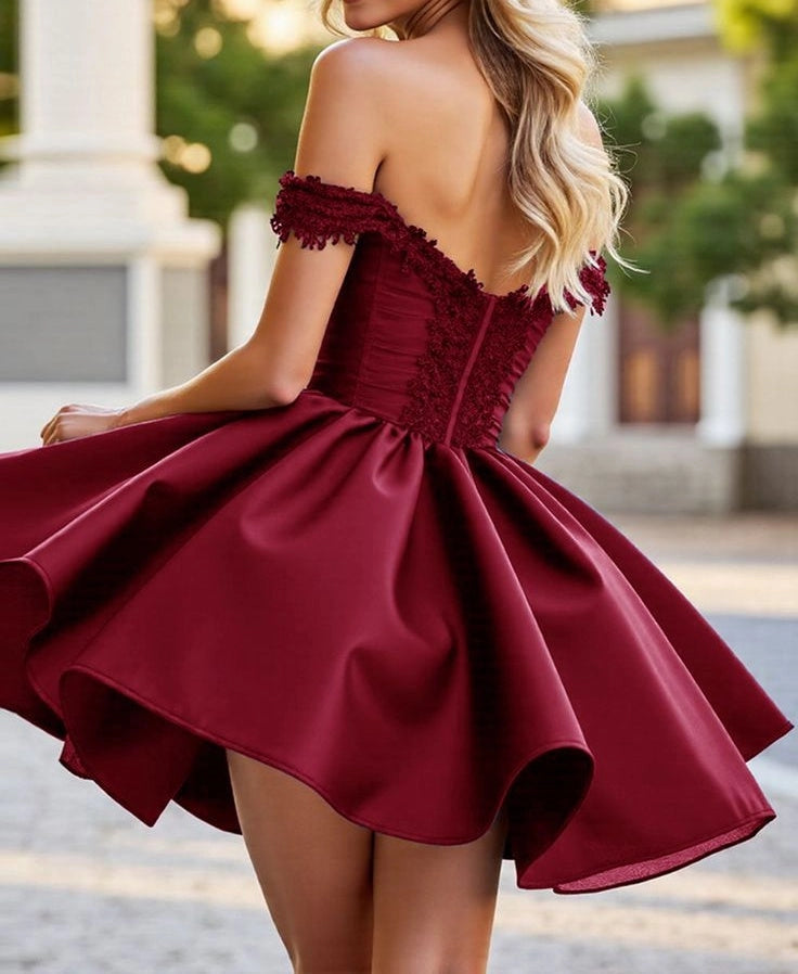Luolandi Elegant A-Line Off-the-Shoulder Satin Short Homecoming Dress Chic Party Prom Dress with Appliques