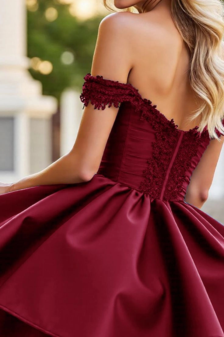 Luolandi Elegant A-Line Off-the-Shoulder Satin Short Homecoming Dress Chic Party Prom Dress with Appliques