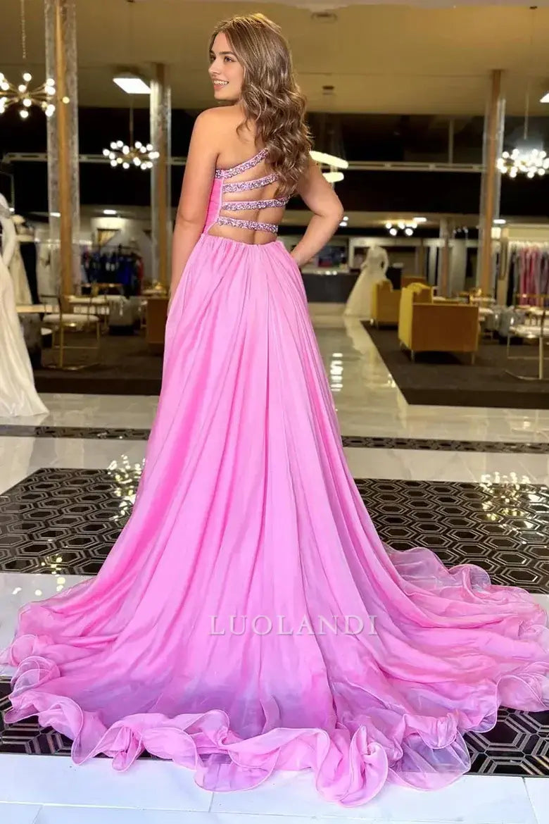 Luolandi Elegant A-Line One Shoulder Sleeveless Beaded Long Formal Prom Dress with Slit Charming Evening Party Dress