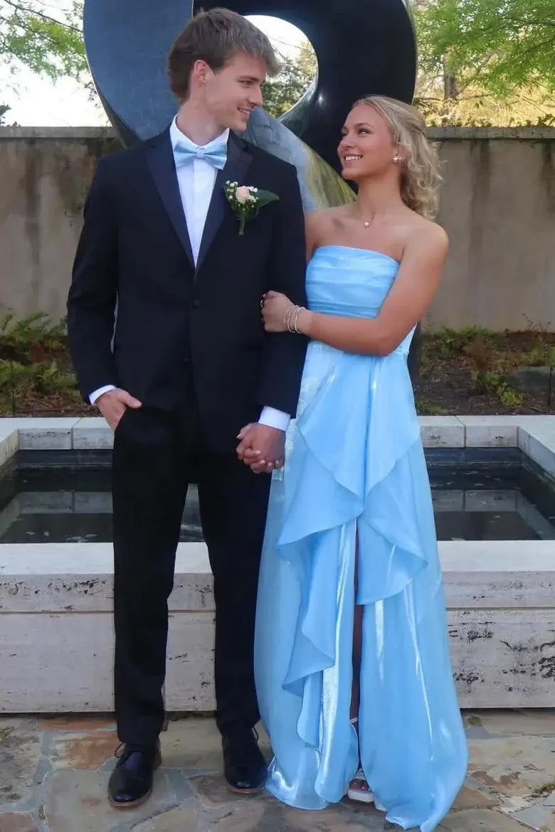 Luolandi Elegant A-Line Pleated Strapless Sleeveless Blue Graduation Dress Charming Long Party Prom Dress With Slit